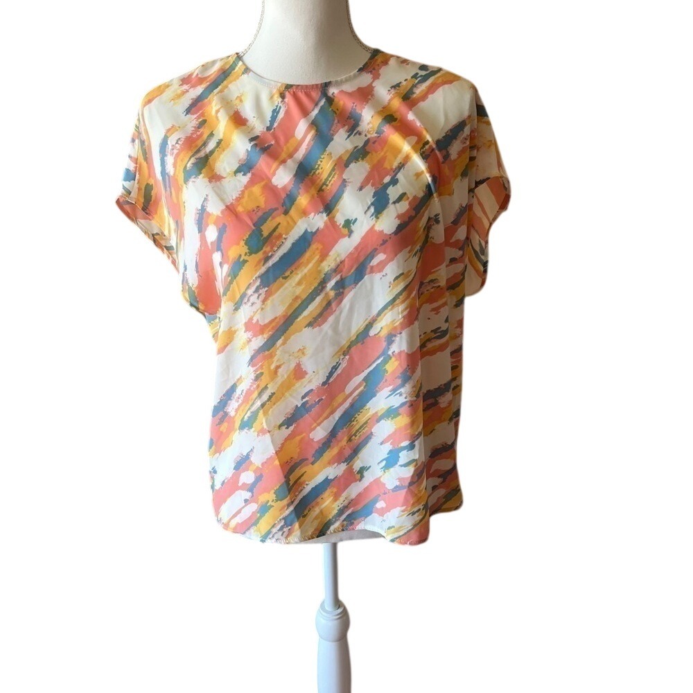 Gilli Womens Blouse Peach Multi Abstract‎ Brushstroke Short Sleeve S